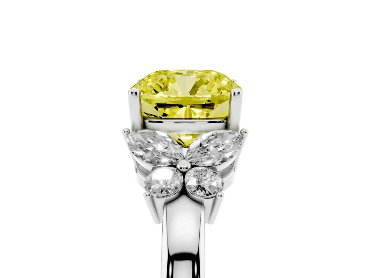 Fancy Yellow Cushion Cut Cut Solitaire Floral Diamond Ring with Four-Prong Setting Silver