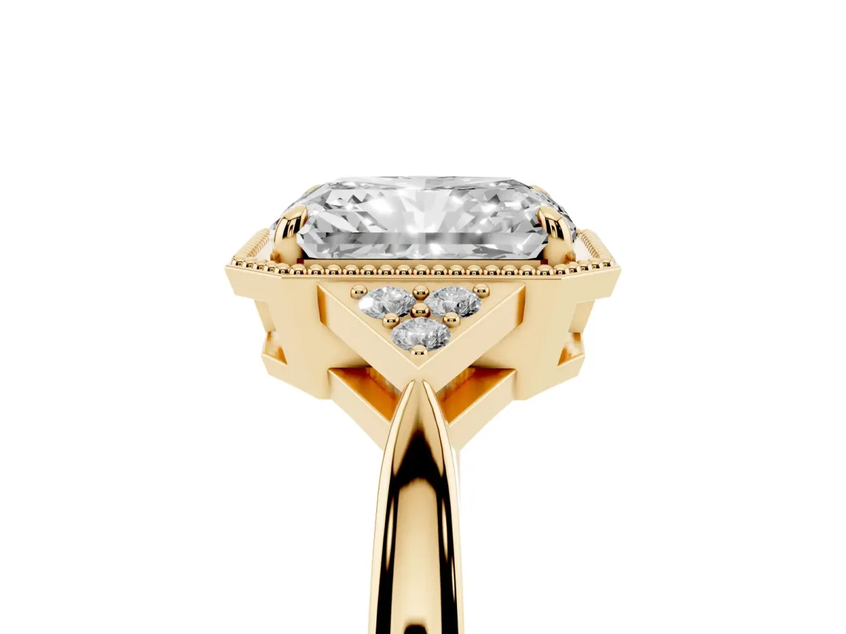 Radiant Cut Diamond Halo Ring with Tapered Band and Four-Prong Setting Yellow gold