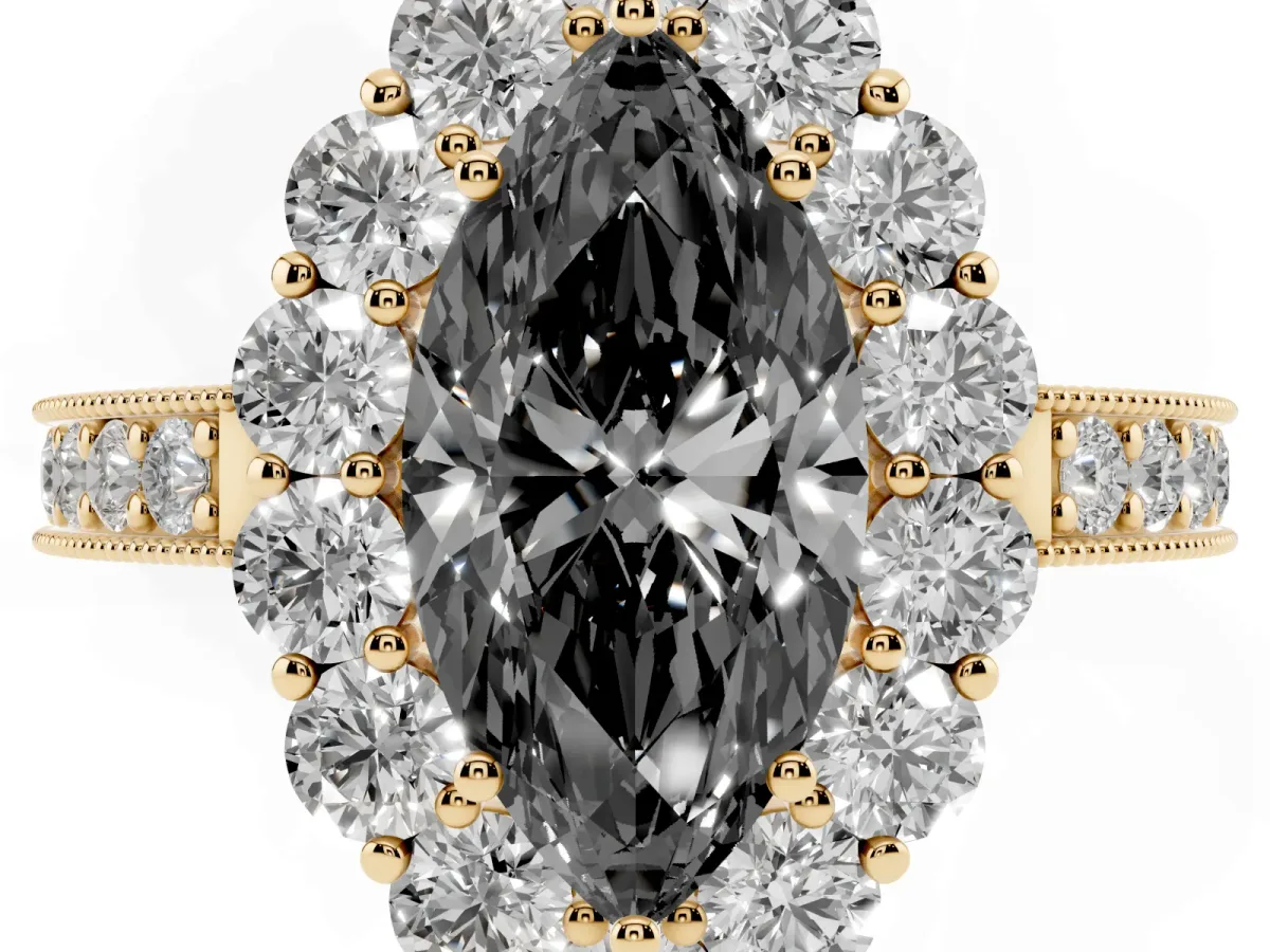 Fancy Black Marquise Cut Cut Halo Diamond Pavé Engagement Ring with Milgrain Detailing Yellow gold