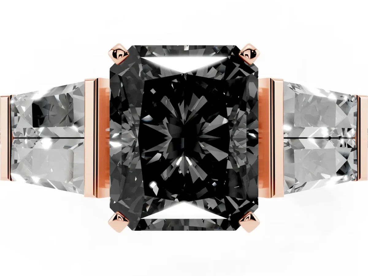 Fancy Black Radiant Cut Diamond Engagement Ring with Baguette Side Stones and Channel Set Band Rose gold