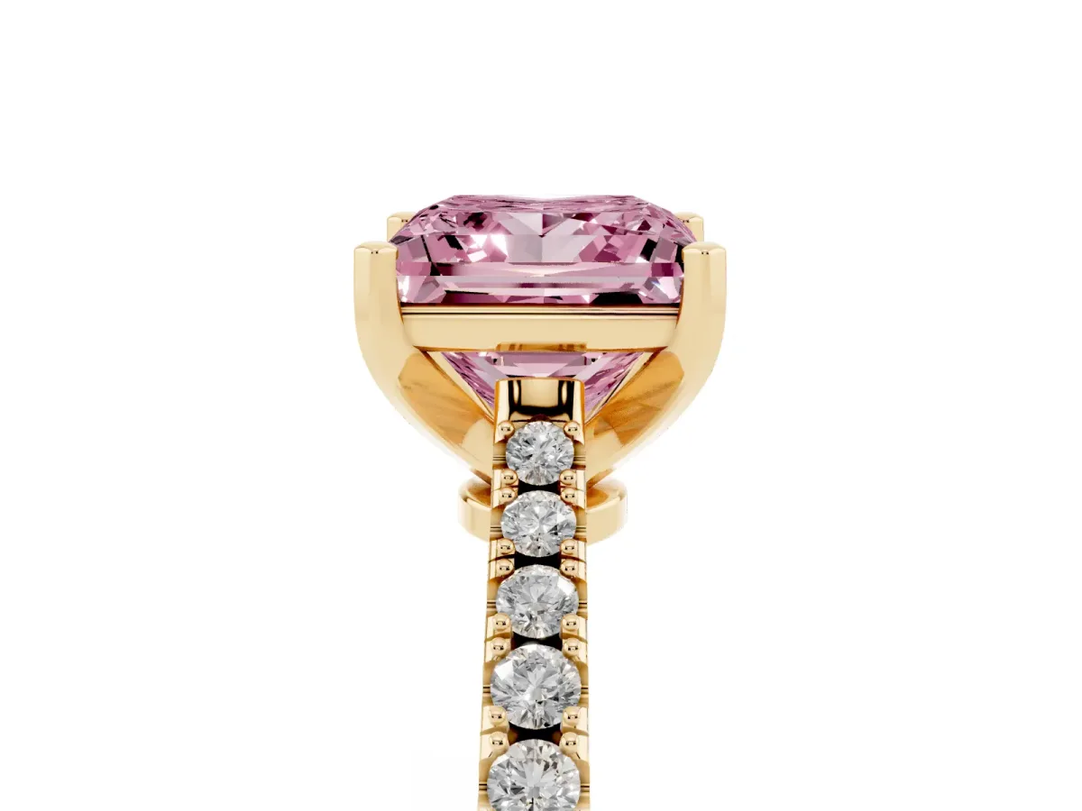 Fancy Pink Princess Cut Cut Solitaire Diamond Engagement Ring with Pave Band and Four-Prong Setting Yellow gold