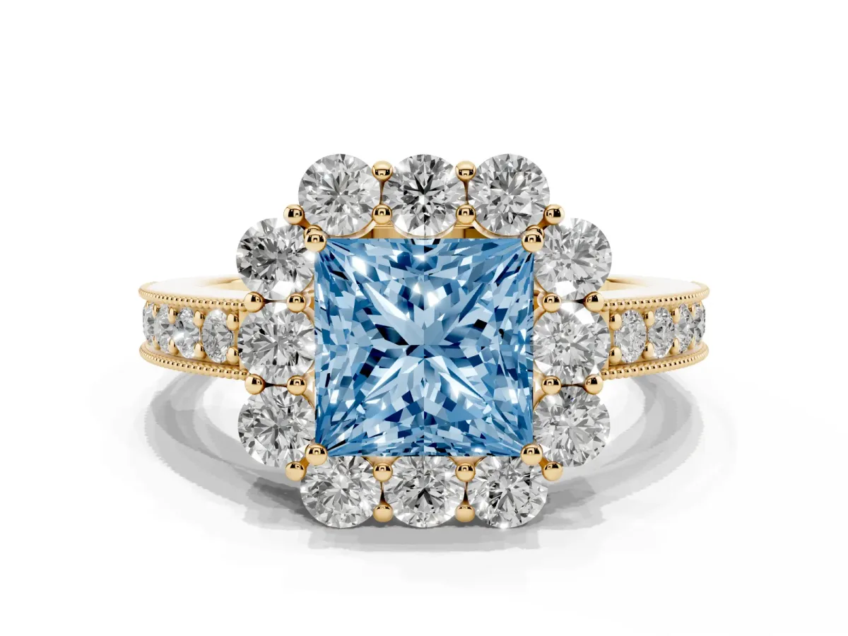 Fancy Blue Princess Cut Cut Halo Diamond Pavé Engagement Ring with Milgrain Detailing Yellow gold