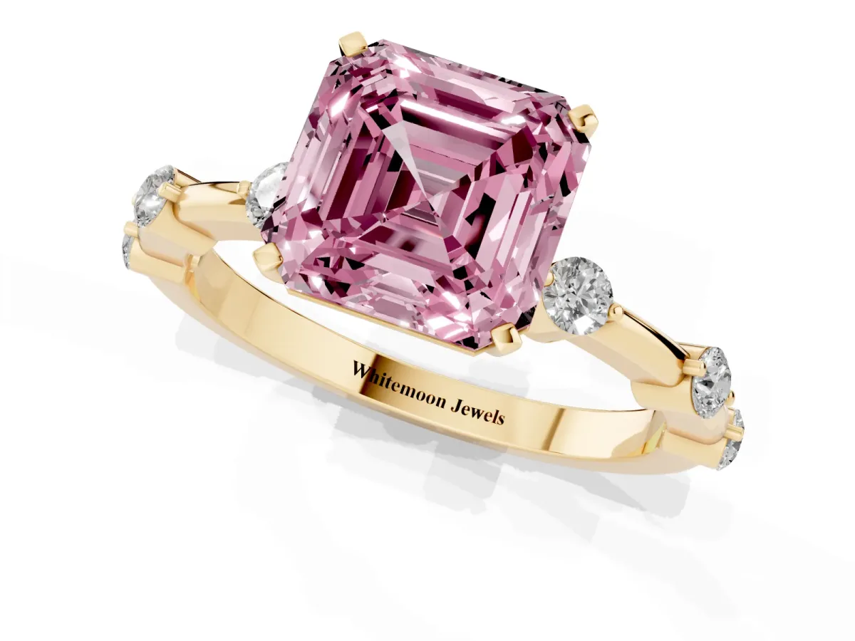Fancy Pink Asscher Cut Solitaire Diamond Ring with Bezel Set Side Stones and Prong Setting Yellow gold