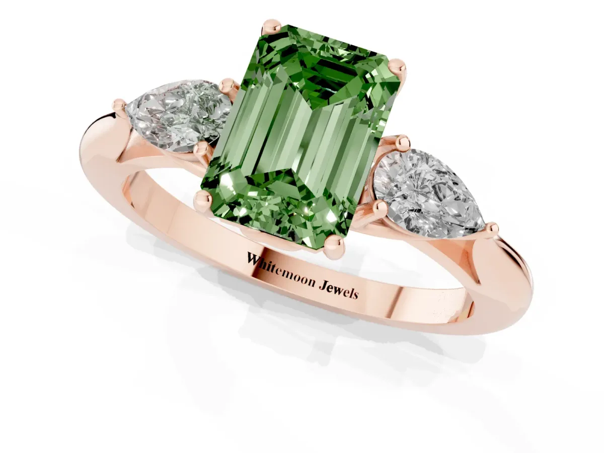 Fancy Green Three-Stone Emerald Cut Brilliant Diamond Solitaire Ring with Tapered Band and Four-Prong Setting Rose gold