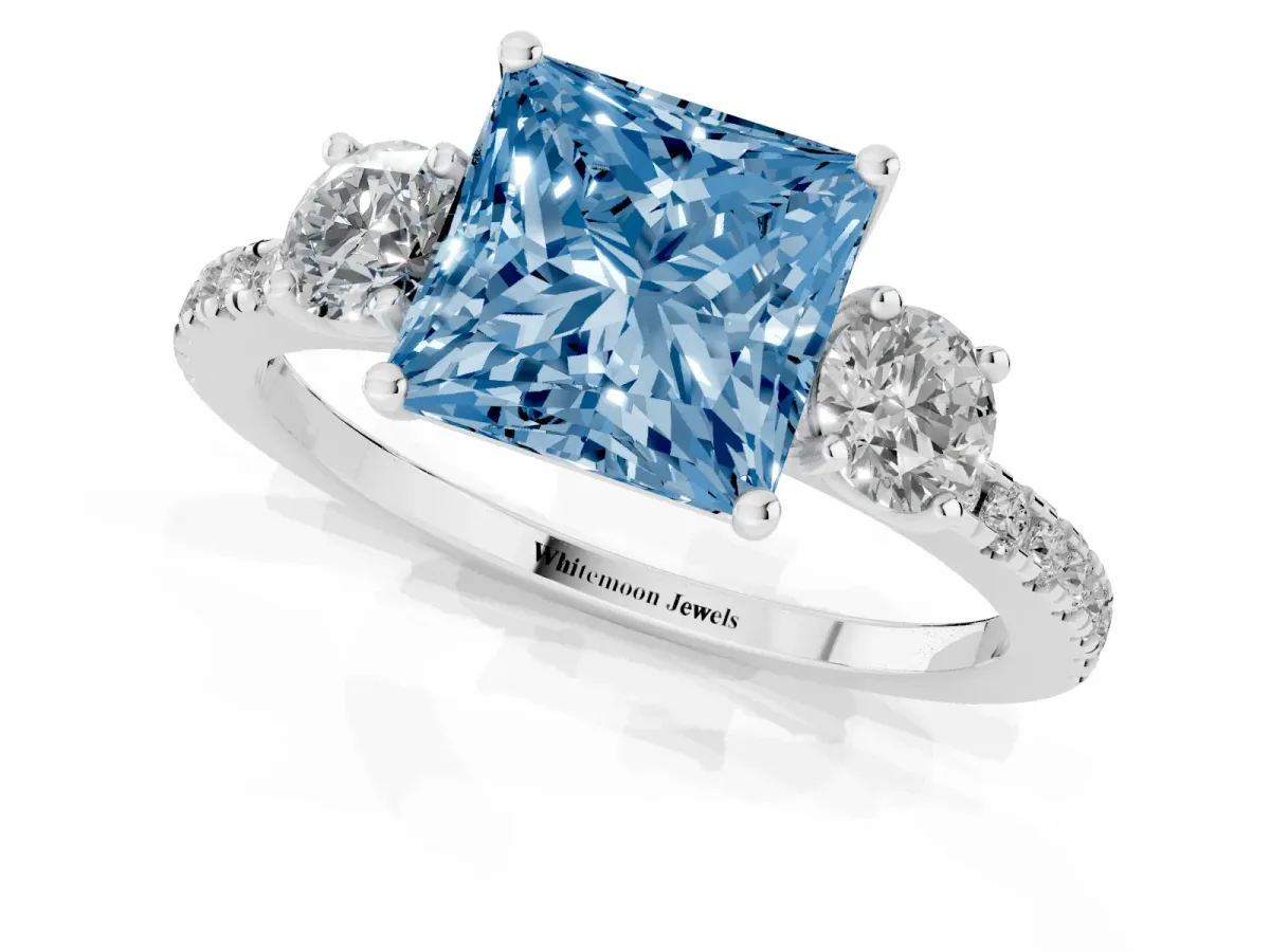 Fancy Blue Three-Stone Princess Cut Cut Diamond Pavé Band with Prong Setting Silver