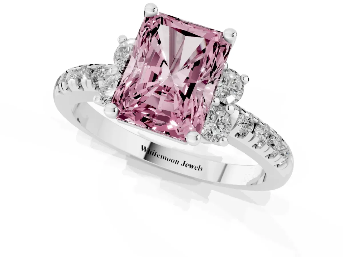 Fancy Pink Radiant Cut Diamond Three-Stone Pave Band with Four-Prong Setting Silver