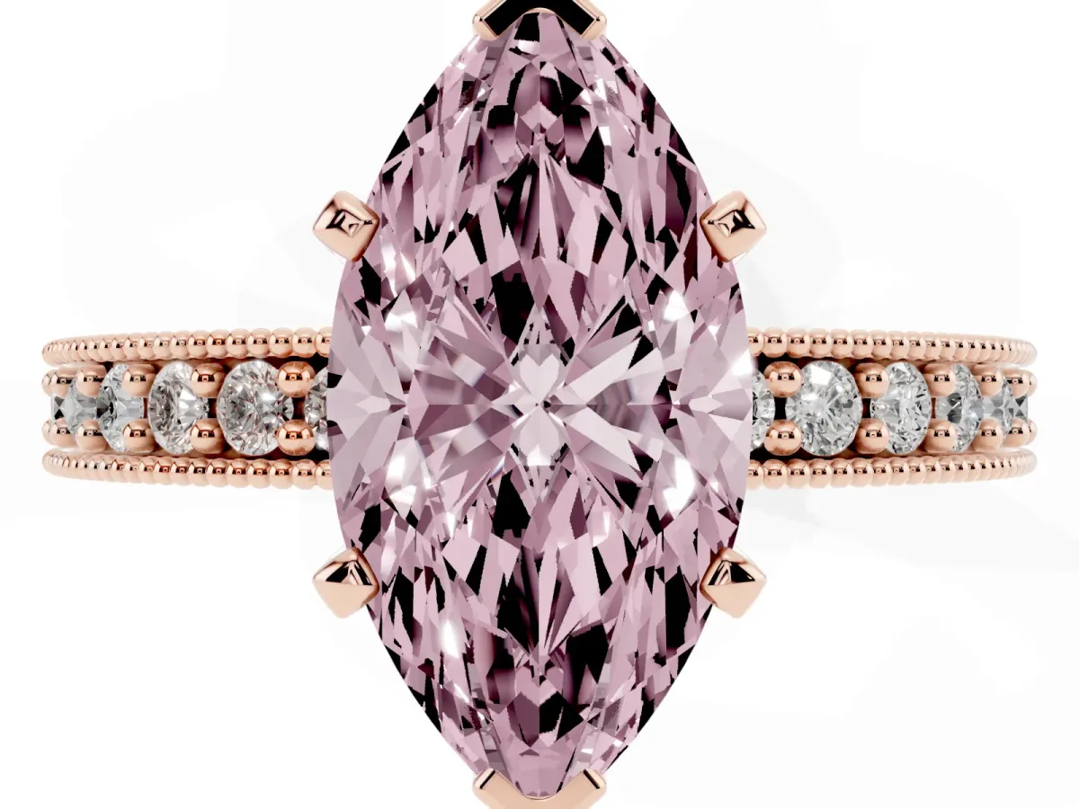 Fancy Pink Marquise Cut Diamond Milgrain Pavé Engagement Ring with Four-Prong Setting Rose gold