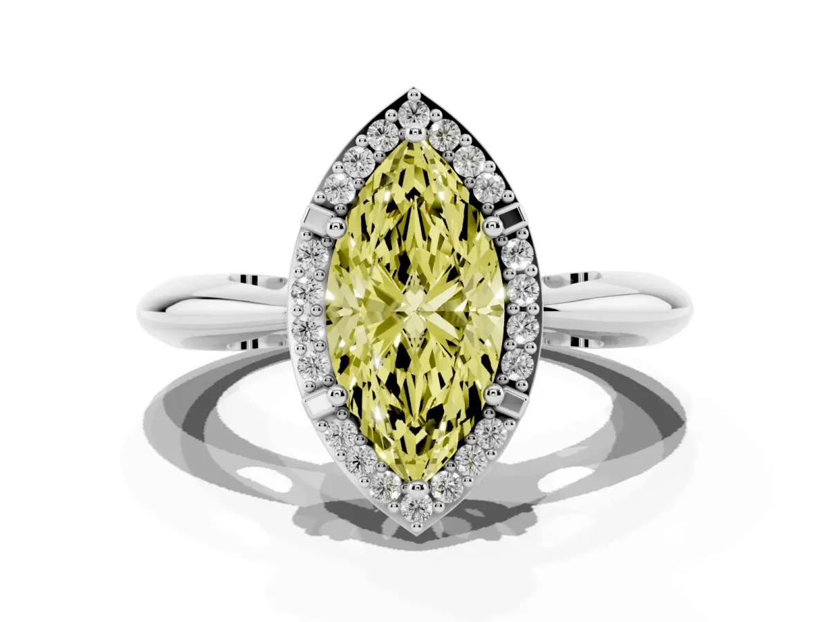 Fancy Yellow Marquise Cut Cut Diamond Halo Engagement Ring with Split Shank and Four-Prong Setting Silver
