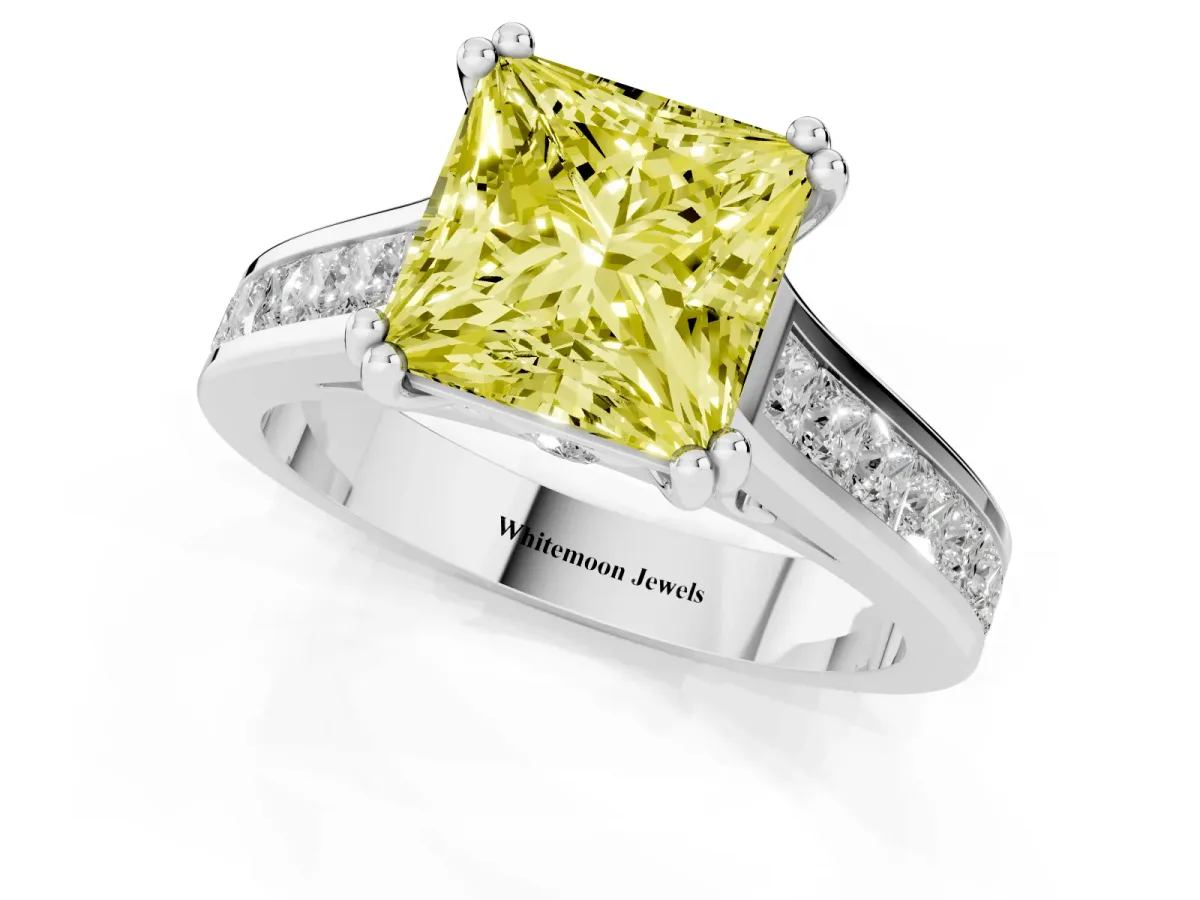 Fancy Yellow Princess Cut Cut Channel Set Solitaire Engagement Ring with Prong Setting Platinum