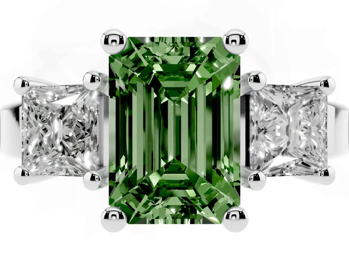 Fancy Green Three-Stone Emerald Cut Cut Solitaire Ring with Prong Setting Platinum