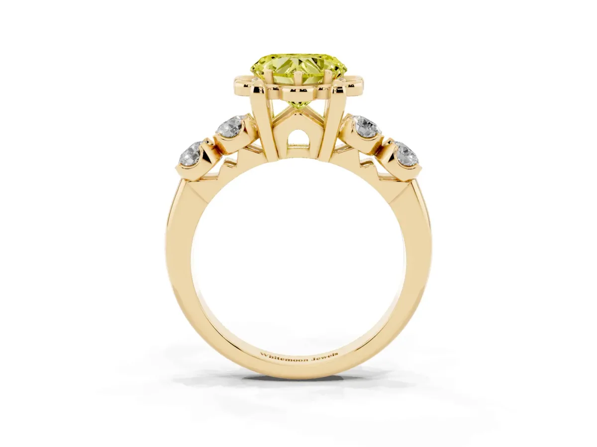 Fancy Yellow Heart Cut Cut Diamond Floral Halo Engagement Ring with Shared Prong Setting Yellow gold