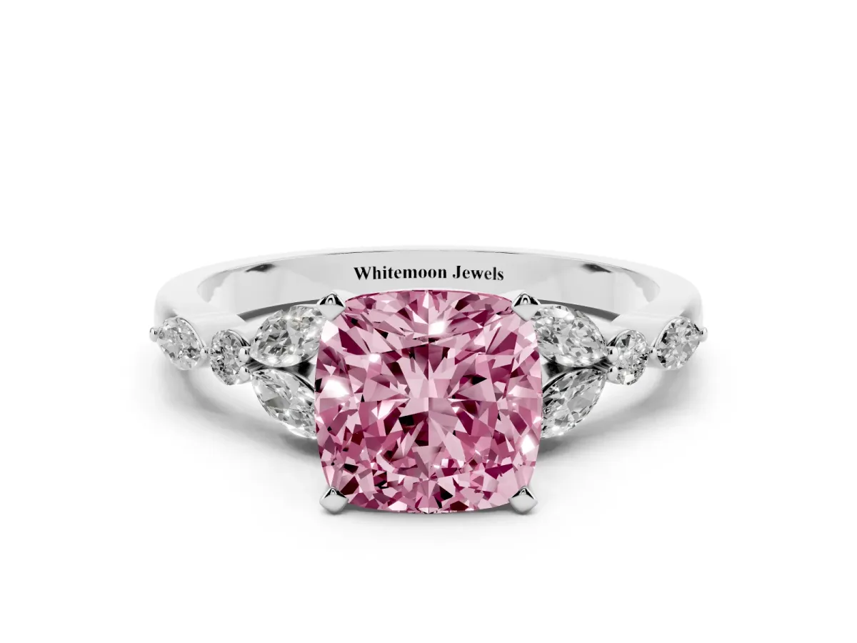 Fancy Pink Cushion Cut Diamond Solitaire Ring with Side Stones and Four-Prong Setting Silver