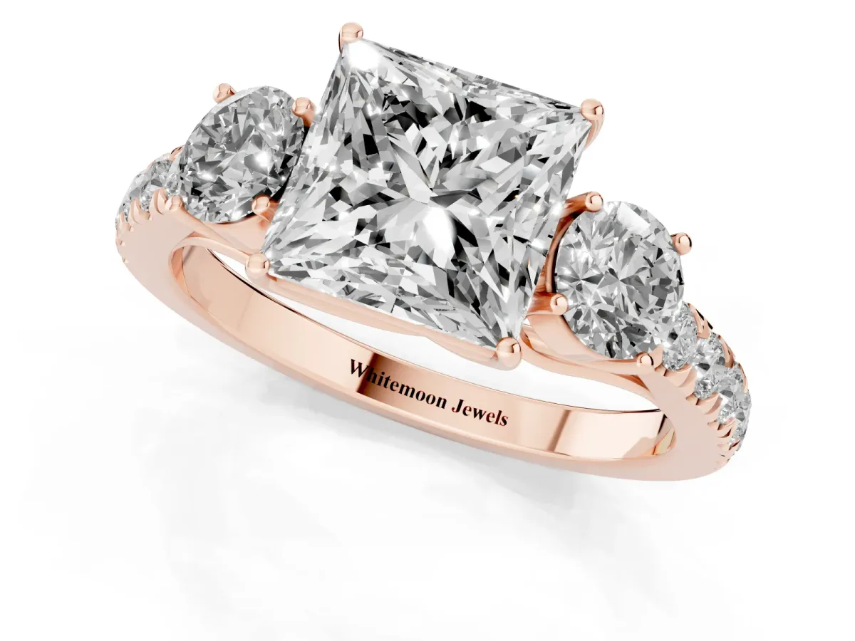 Princess Cut Cut Diamond Three-Stone Ring with Round Side Stones and Pavé Band Rose gold
