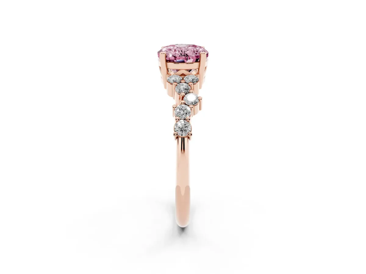 Fancy Pink Oval Cut Diamond Scattered Round Accent Ring with Prong Setting Rose gold