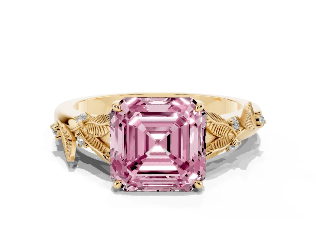 Fancy Pink Asscher Cut Diamond Solitaire Ring with Leaf Motif Band and Four-Prong Setting Yellow gold