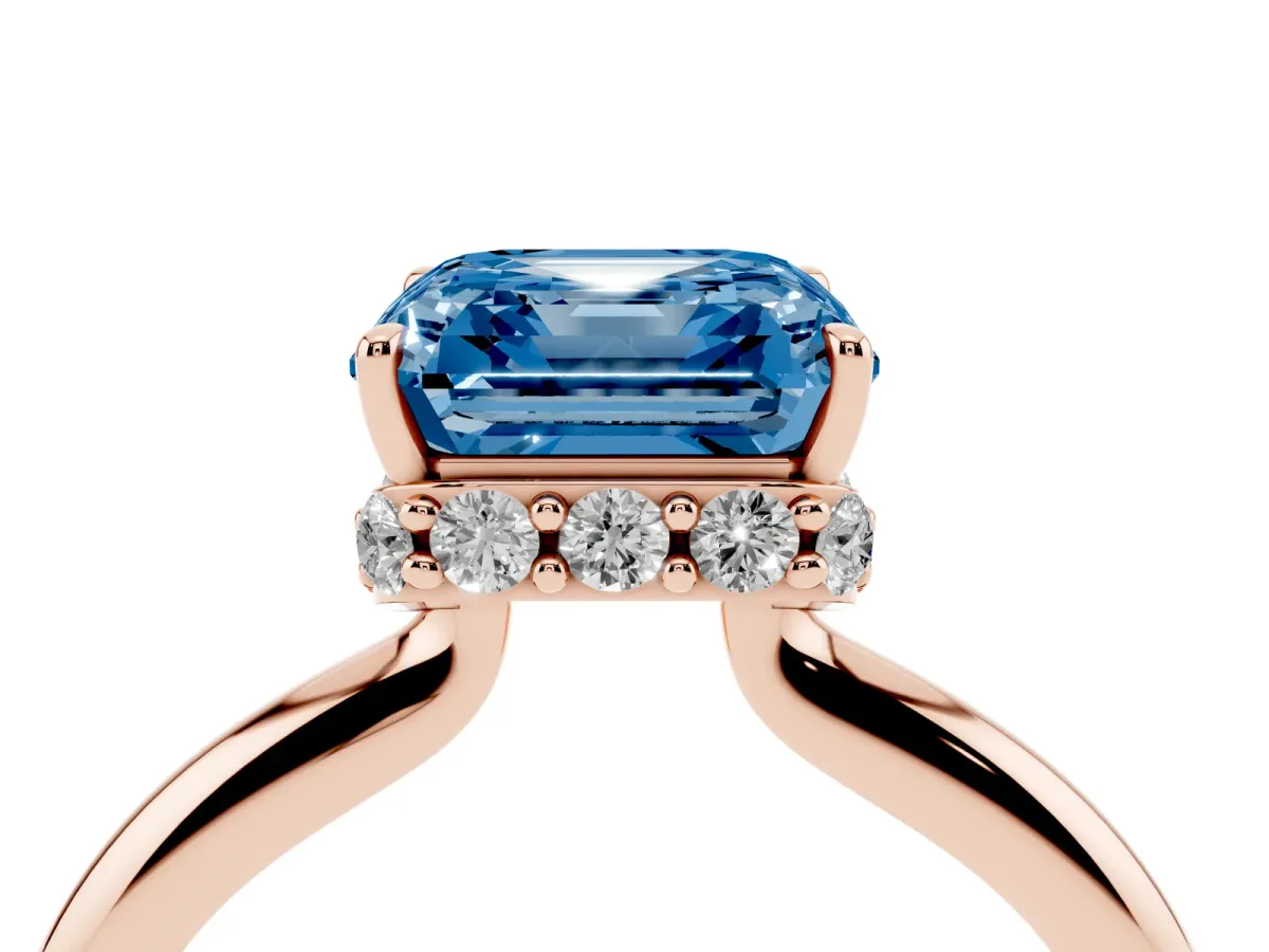Fancy Blue Asscher Cut Brilliant Solitaire Engagement Ring with Six-Prong Setting and Classic Band Rose gold