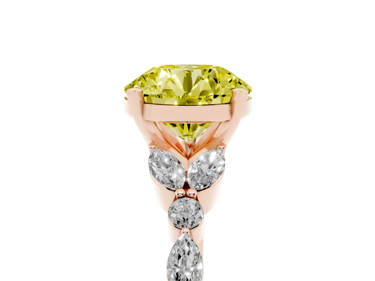 Fancy Yellow Round Cut Diamond Solitaire Ring with Side Stones and Four-Prong Setting Rose gold
