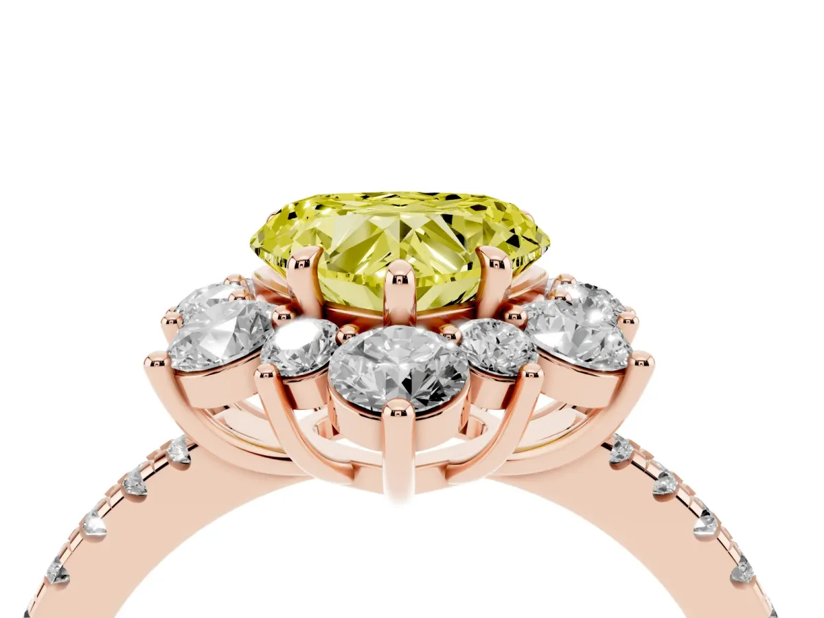 Fancy Yellow Heart Cut Diamond Floral Halo Ring with Round Pavé Band and Prong Setting Rose gold