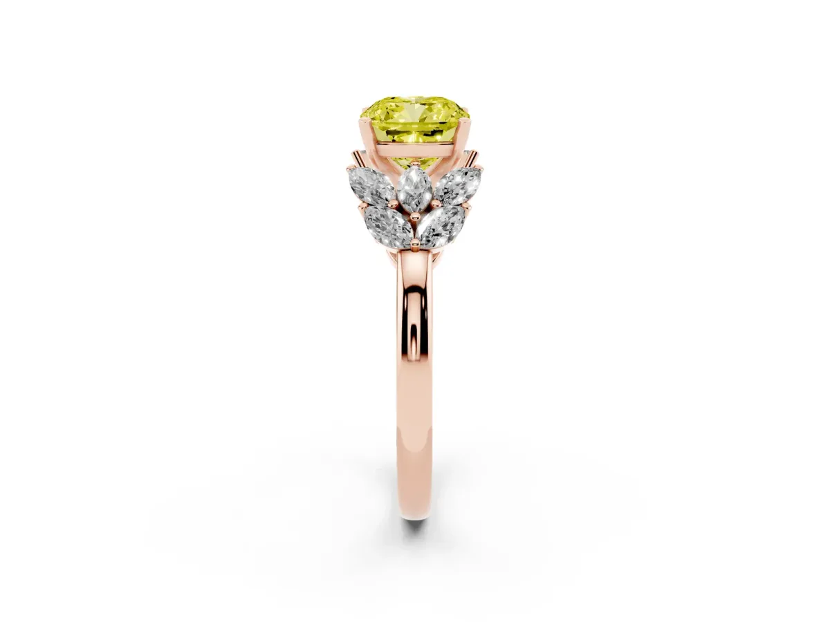 Fancy Yellow Cushion Cut Diamond Cluster Leaf Design Ring with Prong Setting Rose gold