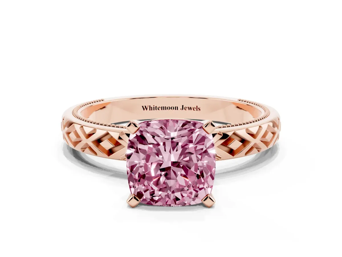 Fancy Pink Cushion Cut Solitaire Diamond Ring with Milgrain and Black Enamel X Pattern Band Rose gold