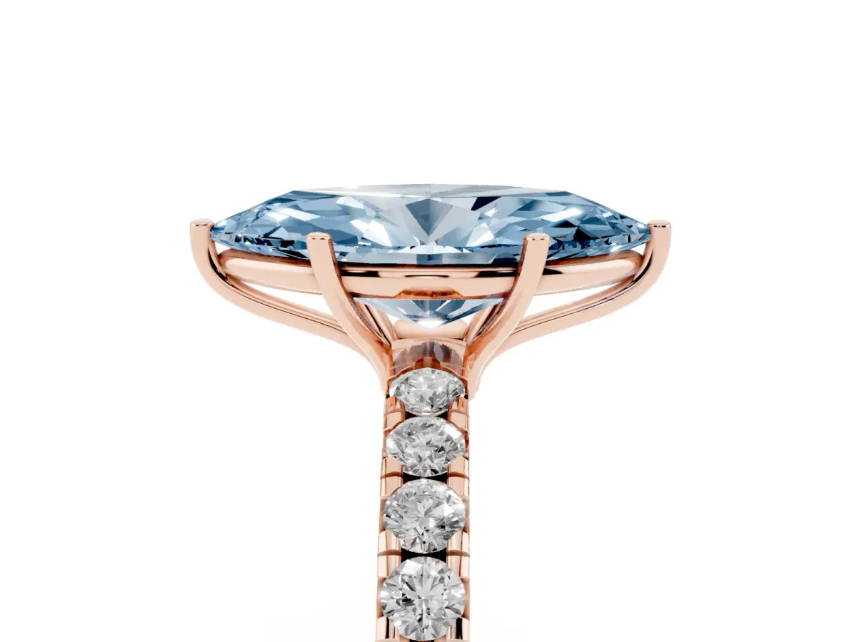 Fancy Blue Marquise Cut Diamond Pavé Solitaire Engagement Ring with Four-Prong Setting Rose gold