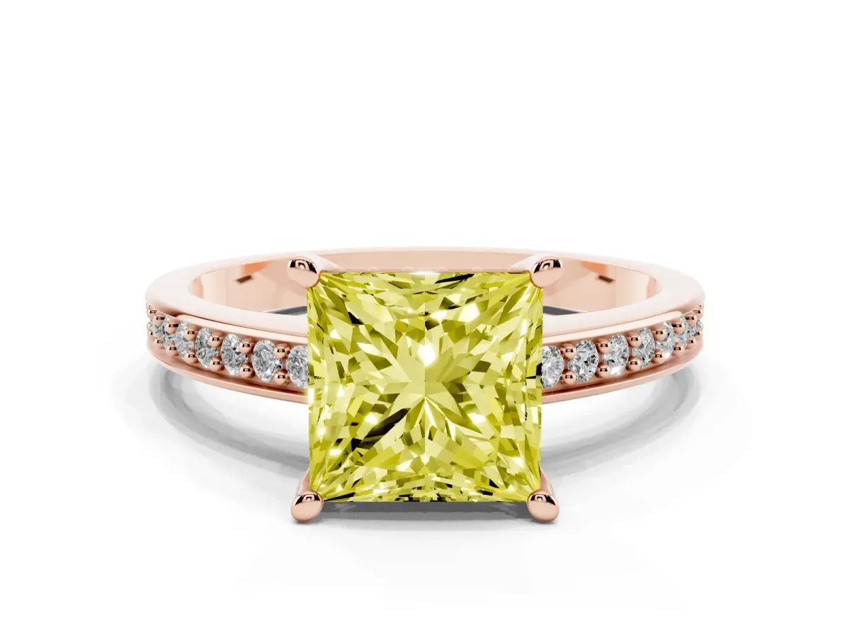 Fancy Yellow Princess Cut Solitaire Pavé Band Prong Setting Ring Rose gold