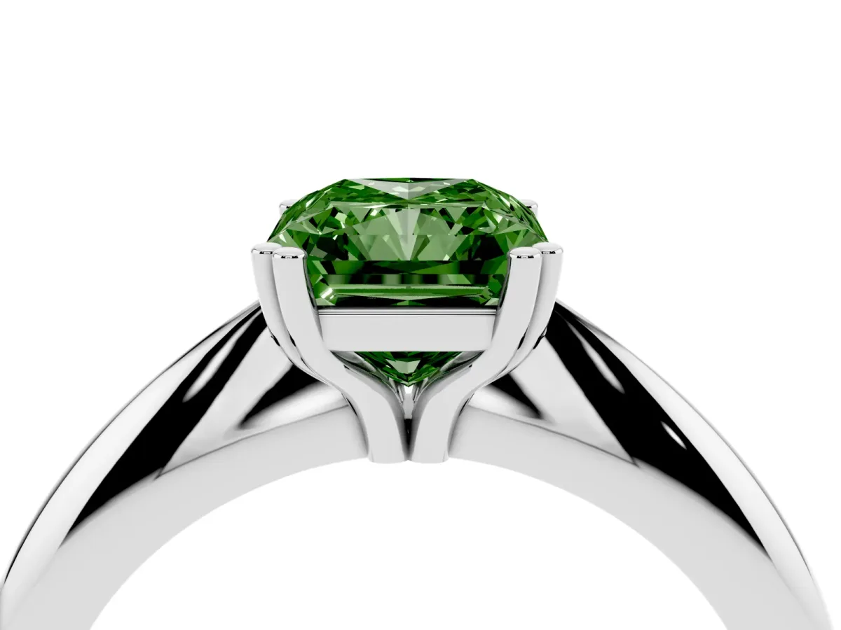 Fancy Green Radiant Cut Cut Solitaire Engagement Ring with Tapered Band and Four-Prong Setting Platinum