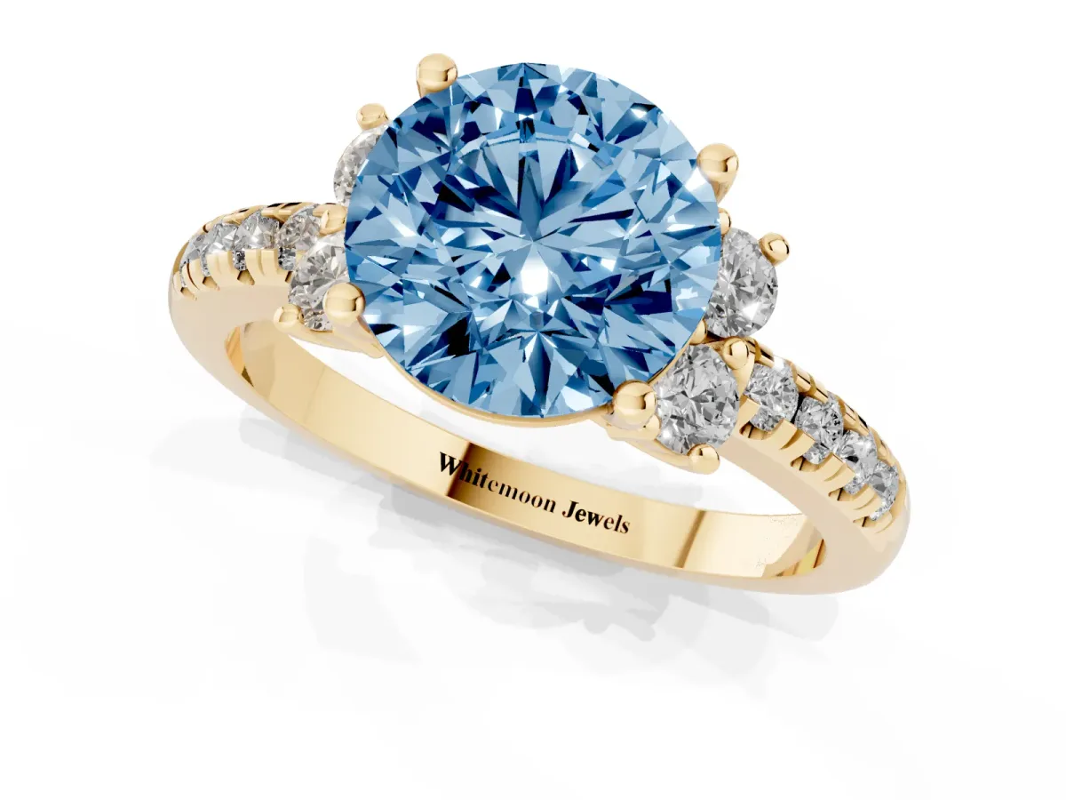 Fancy Blue Round Cut Diamond Three-Stone Pave Band with Four-Prong Setting Yellow gold