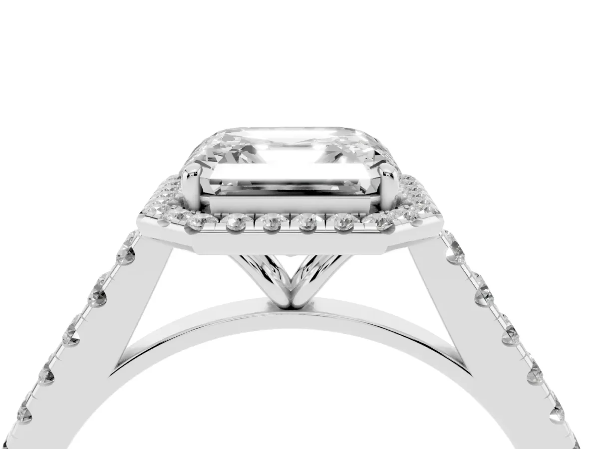 Asscher Cut Halo Pave Diamond Engagement Ring with Four-Prong Setting Silver