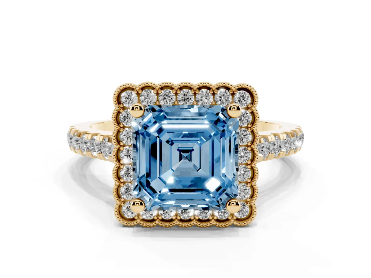 Fancy Blue Asscher Cut Cut Diamond Milgrain Floral Halo Engagement Ring with Pavé Band Yellow gold