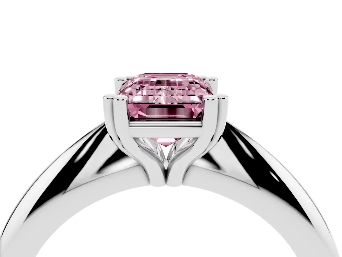 Fancy Pink Emerald Cut Cut Solitaire Engagement Ring with Tapered Band and Four-Prong Setting Platinum