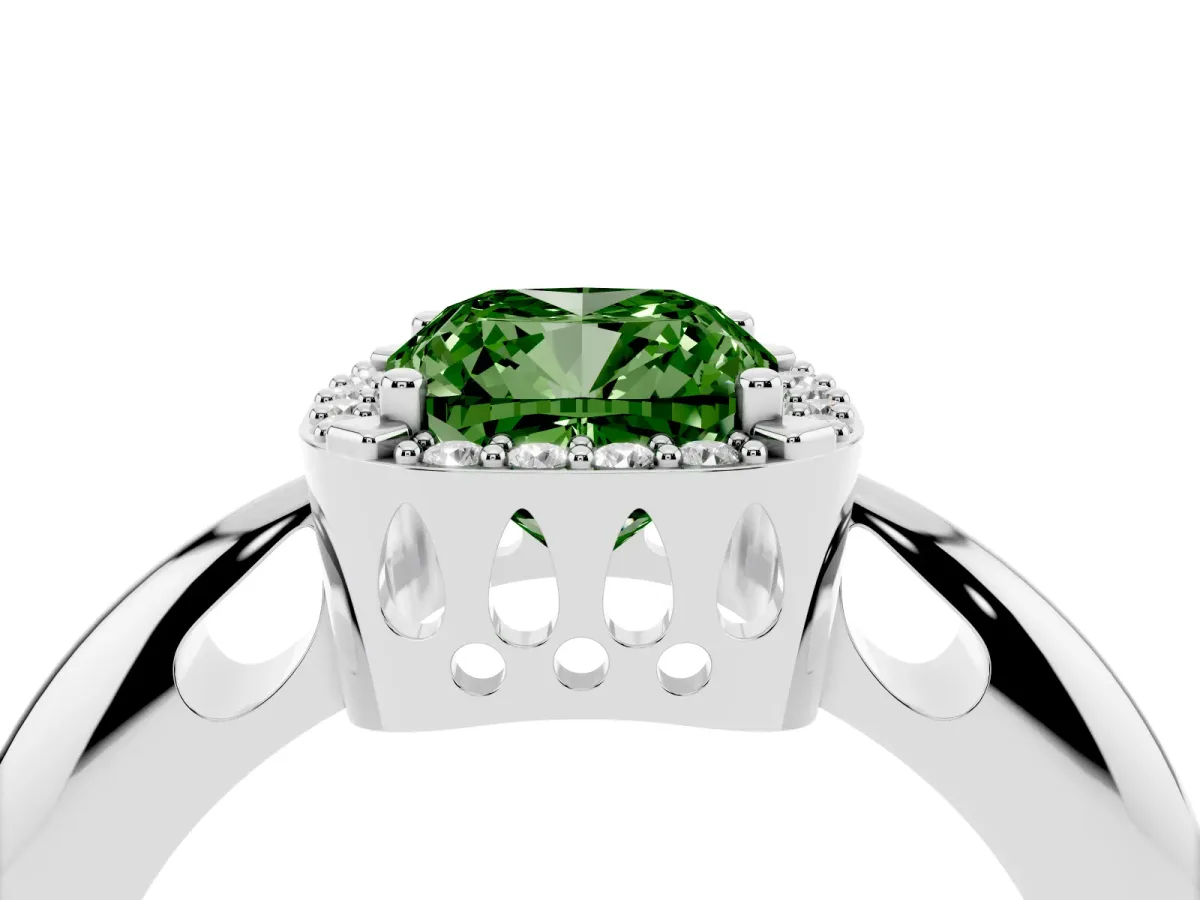 Fancy Green Cushion Cut Cut Diamond Halo Engagement Ring with Split Shank and Four-Prong Setting Silver