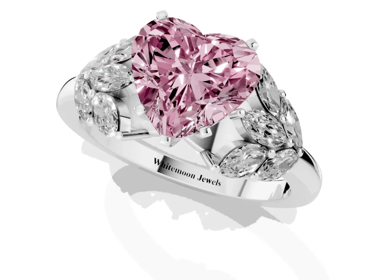 Fancy Pink Heart Cut Diamond Cluster Leaf Design Ring with Prong Setting Silver