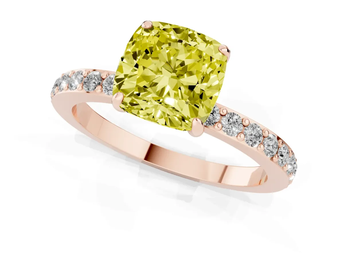 Fancy Yellow Cushion Cut Diamond Solitaire Engagement Ring with Pavé Band and Four-Prong Setting Rose gold