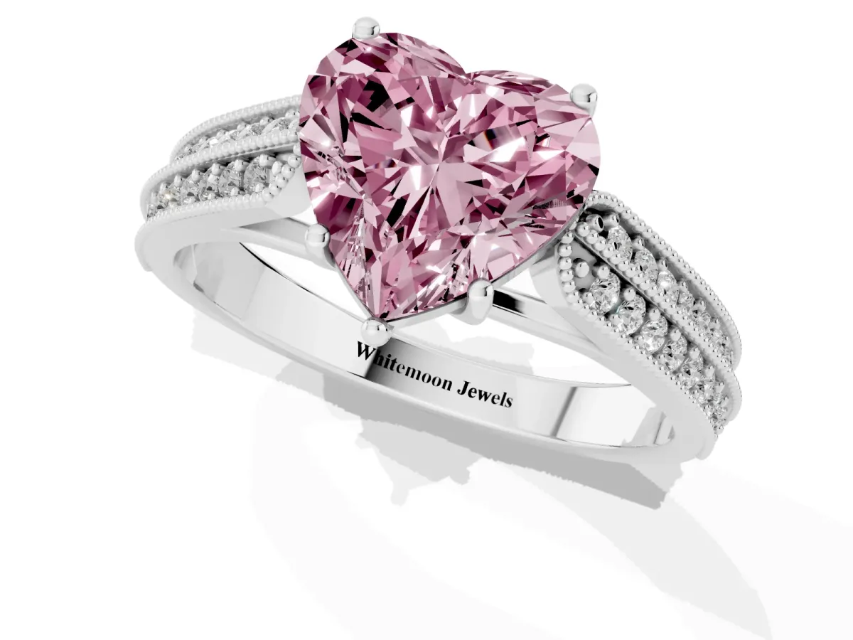 Fancy Pink Heart Cut Cut Pave Split Shank Engagement Ring with Four-Prong Setting Silver