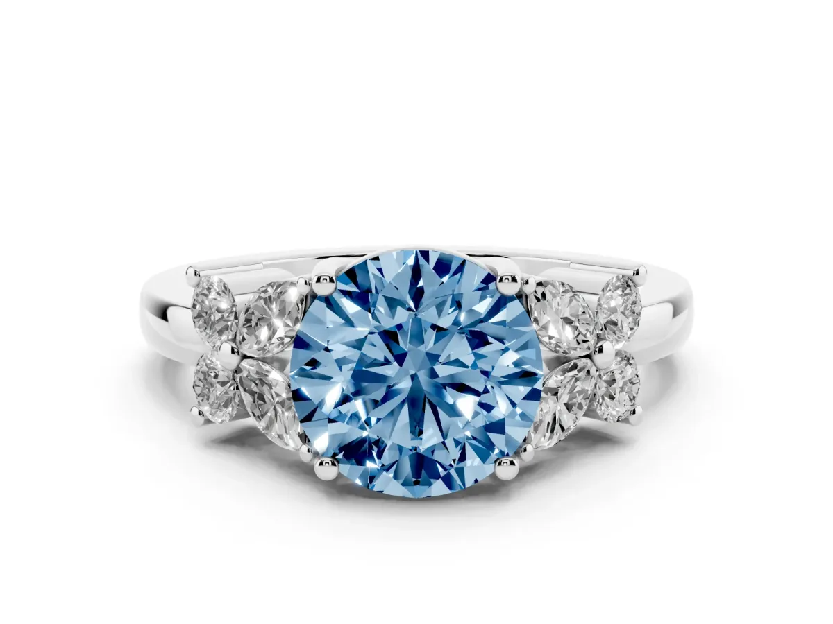 Fancy Blue Round Cut Diamond Floral Cluster Ring with Solitaire Band and Prong Setting Silver
