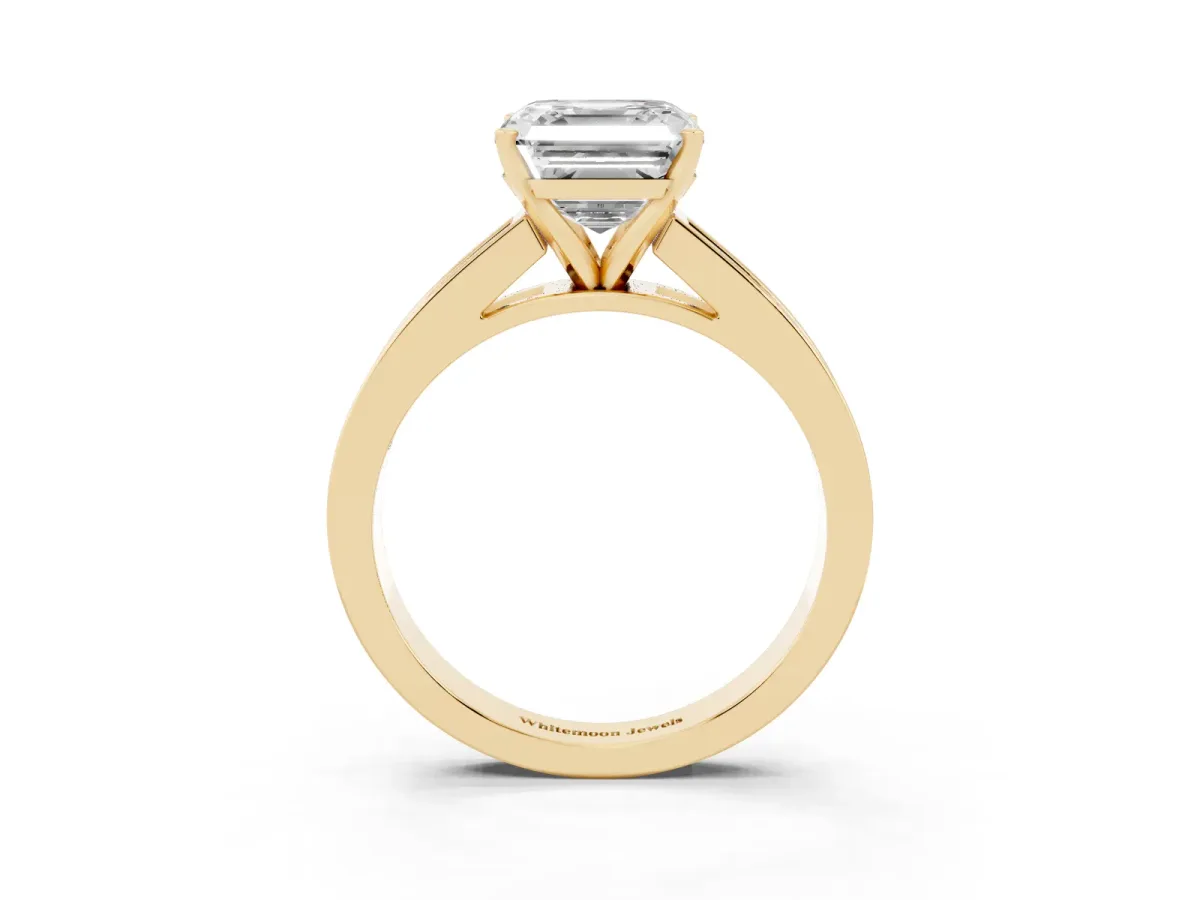 Asscher Cut Solitaire Diamond Ring with Channel-Set Band and Four-Prong Setting Yellow gold