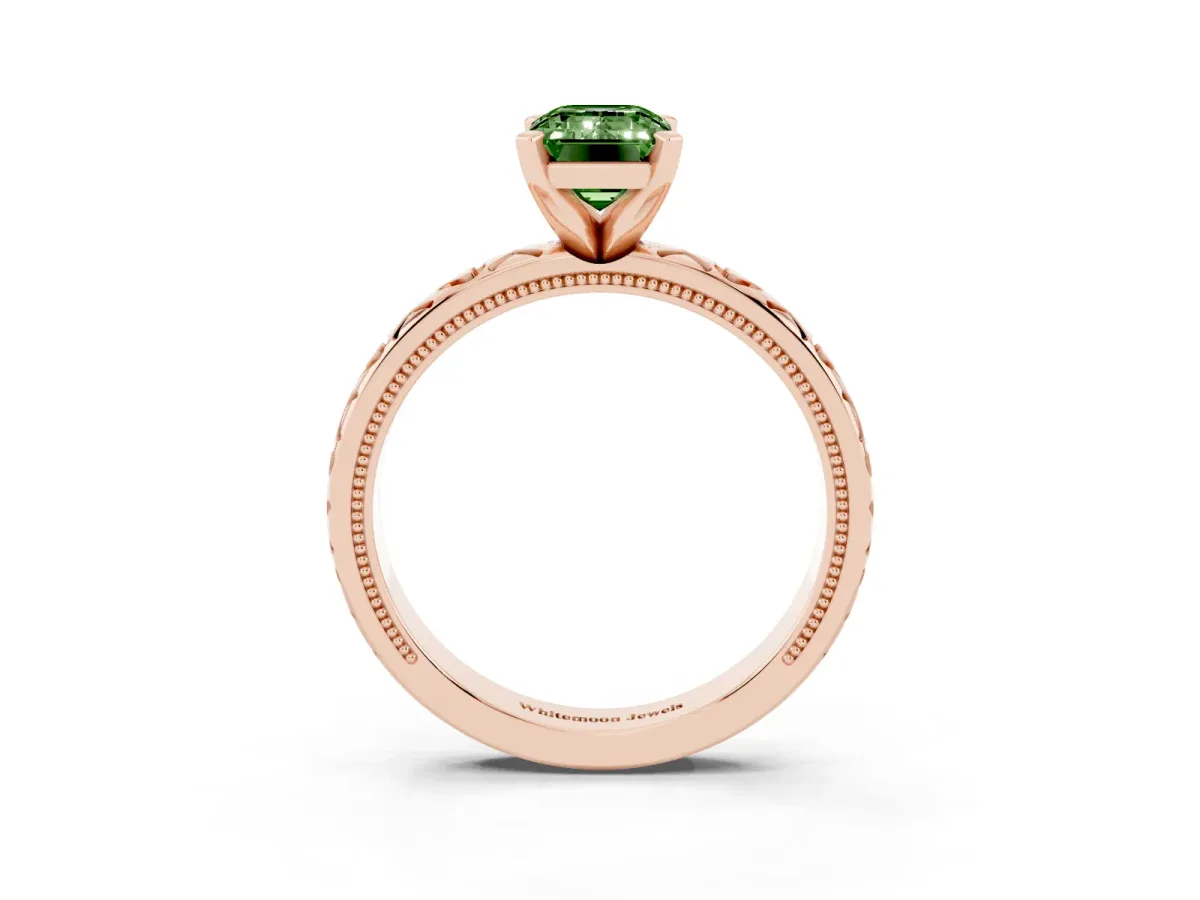 Fancy Green Emerald Cut Solitaire Diamond Engagement Ring with XO Engraved Band and Four-Prong Setting Rose gold