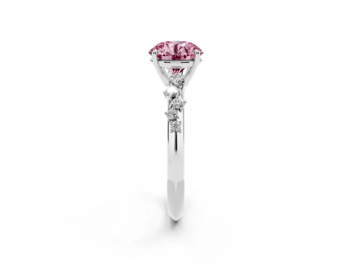 Fancy Pink Round Cut Diamond Cluster Side Stone Solitaire Ring with Prong Setting Silver