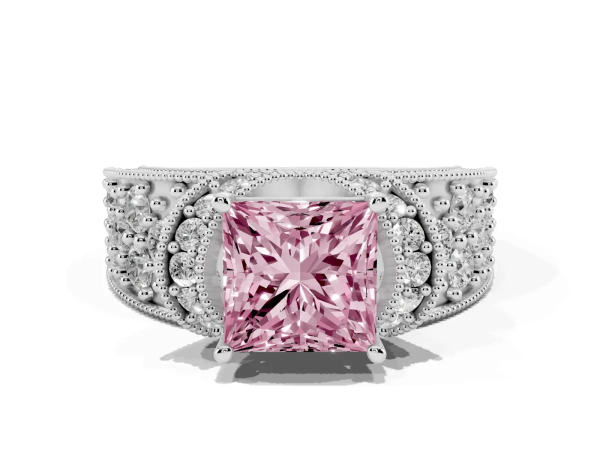 Fancy Pink Princess Cut Halo Pave Diamond Engagement Ring with Milgrain Detailing Silver