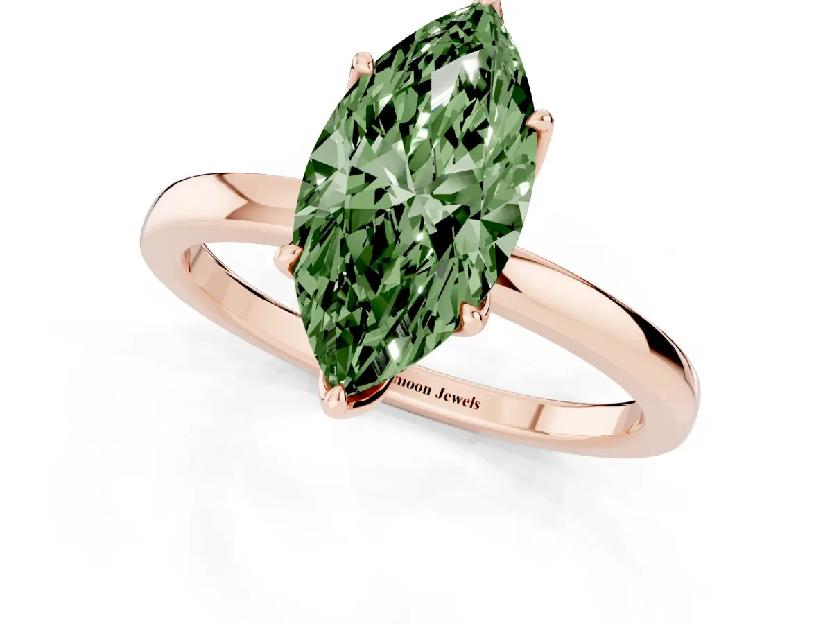 Fancy Green Marquise Cut Diamond Solitaire Ring with Thin Band and Prong Setting Rose gold
