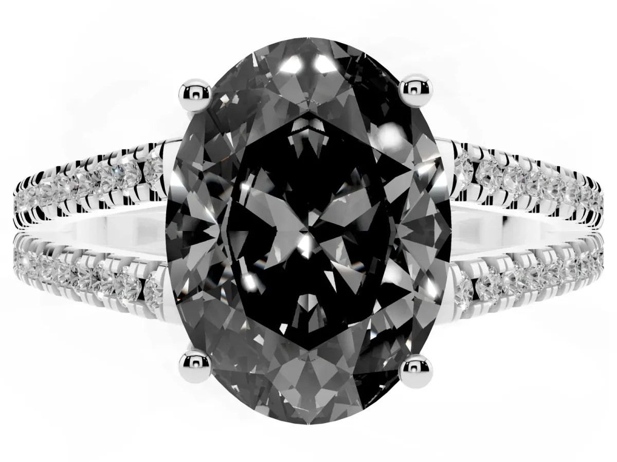 Fancy Black Oval Cut Diamond Solitaire Engagement Ring with Split Shank Pavé Band Platinum