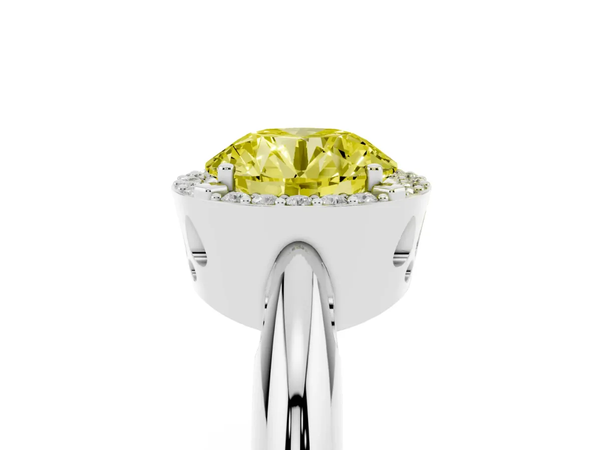 Fancy Yellow Round Cut Cut Diamond Halo Engagement Ring with Split Shank and Four-Prong Setting Silver