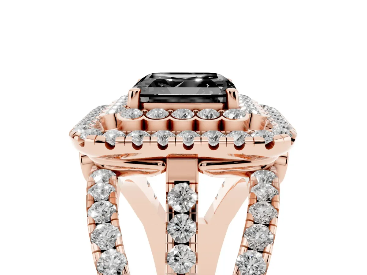 Fancy Black Asscher Cut Diamond Double Halo Ring with Round Pavé Split Shank and Prong Setting Rose gold