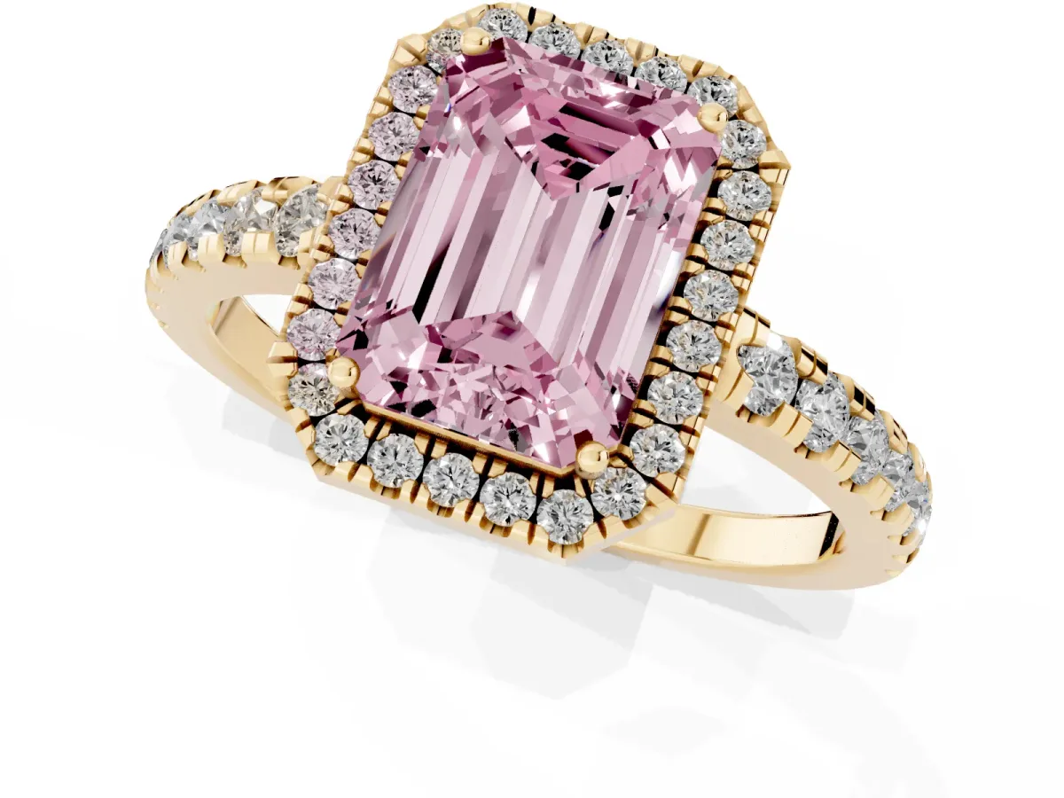Fancy Pink Emerald Cut Diamond Halo Ring with Pavé Band and Four-Prong Setting Yellow gold