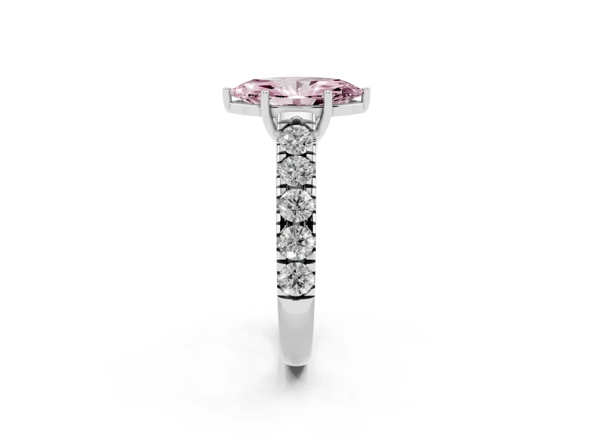 Fancy Pink Marquise Cut Cut Diamond Solitaire Ring with Micro Pave Band and Prong Setting Silver