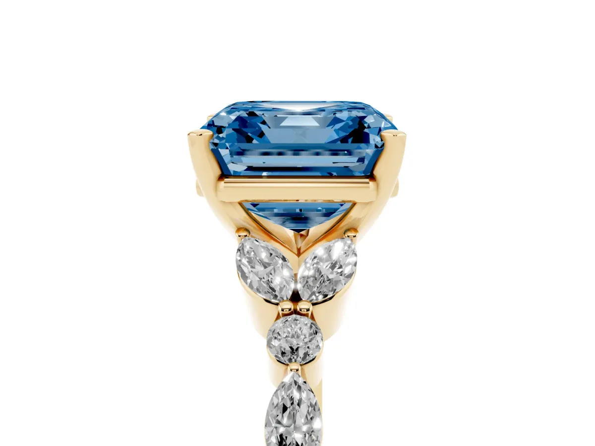 Fancy Blue Asscher Cut Diamond Solitaire Ring with Side Stones and Four-Prong Setting Yellow gold