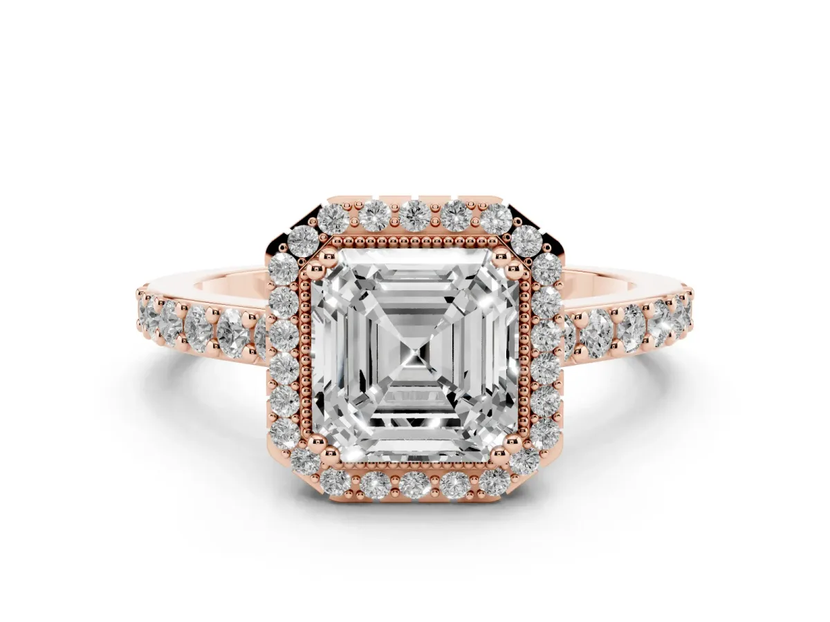 Asscher Cut Cut Diamond Halo Engagement Ring with Milgrain Detail and Pavé Band Rose gold