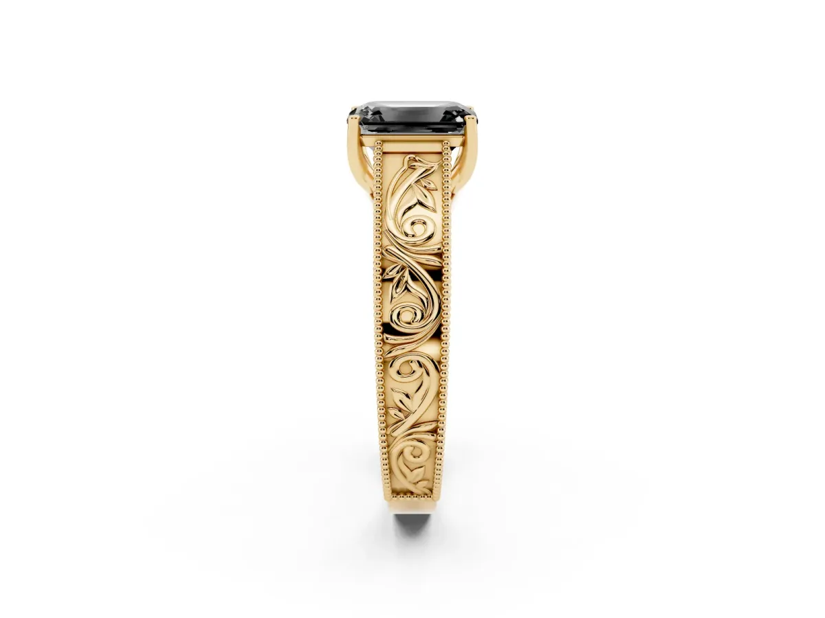 Fancy Black Emerald Cut Diamond Solitaire Ring with Engraved Band and Four-Prong Setting Yellow gold