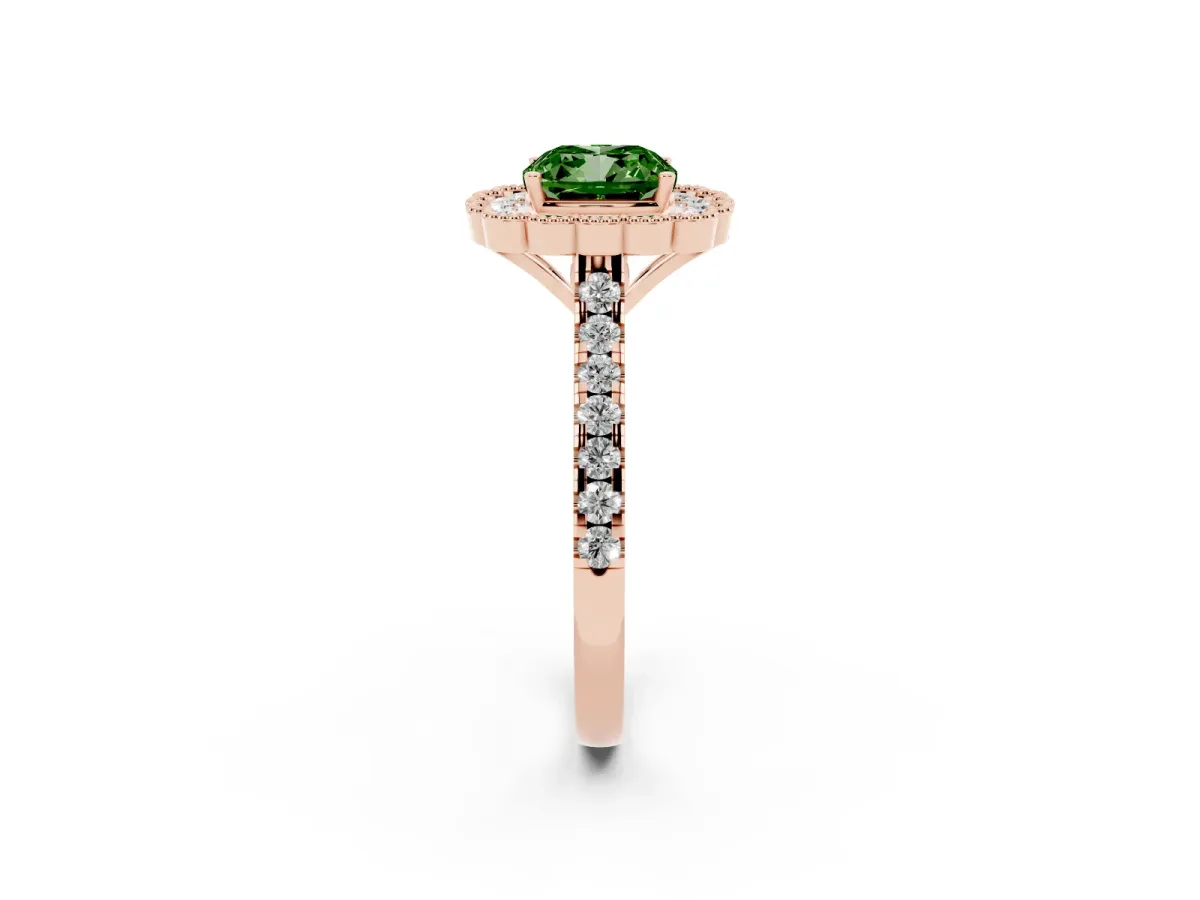 Fancy Green Cushion Cut Cut Diamond Milgrain Floral Halo Engagement Ring with Pavé Band Rose gold